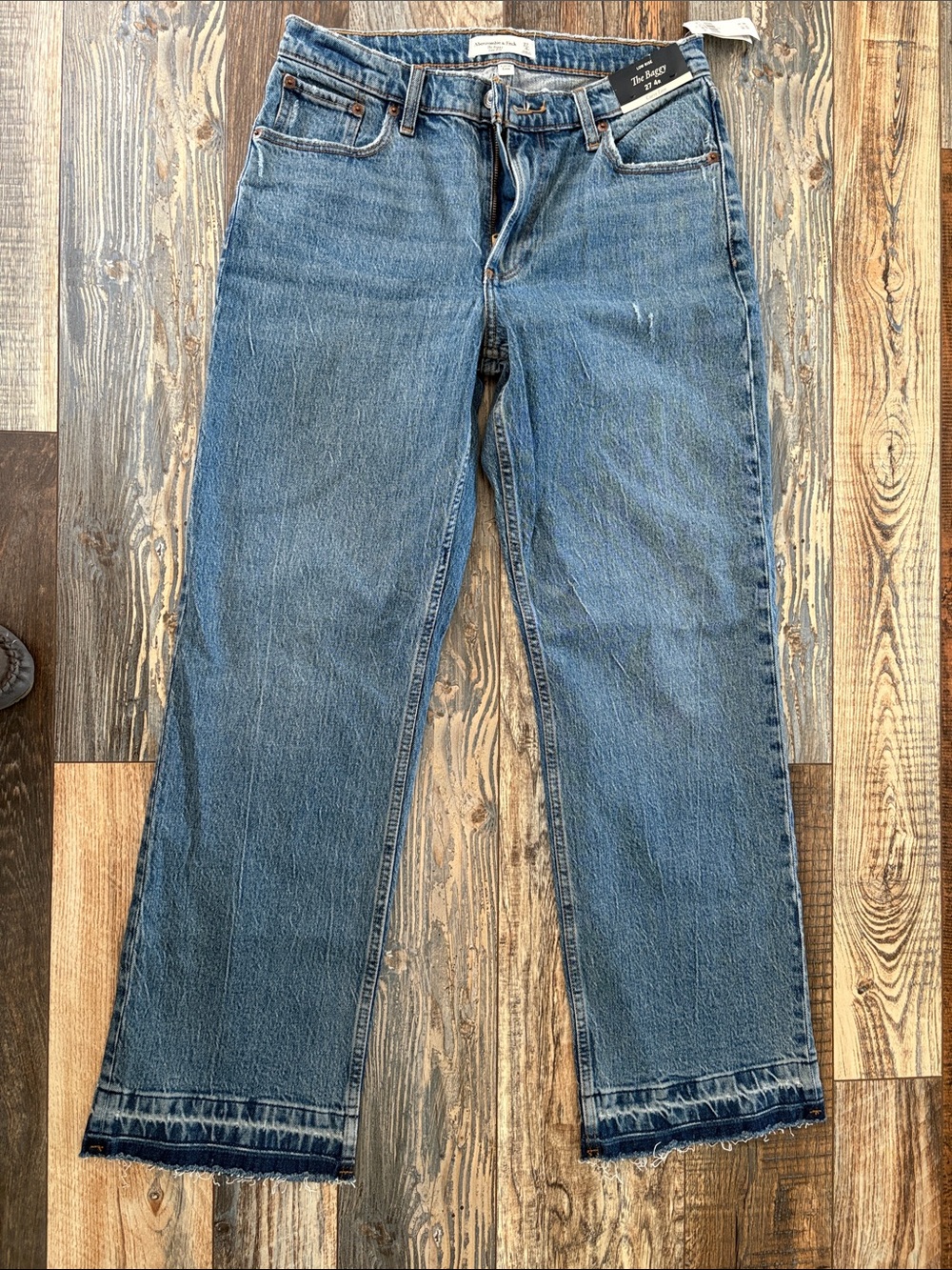 Abercrombie & Fitch Medium Blue Straight-Leg Jeans with Raw Hem